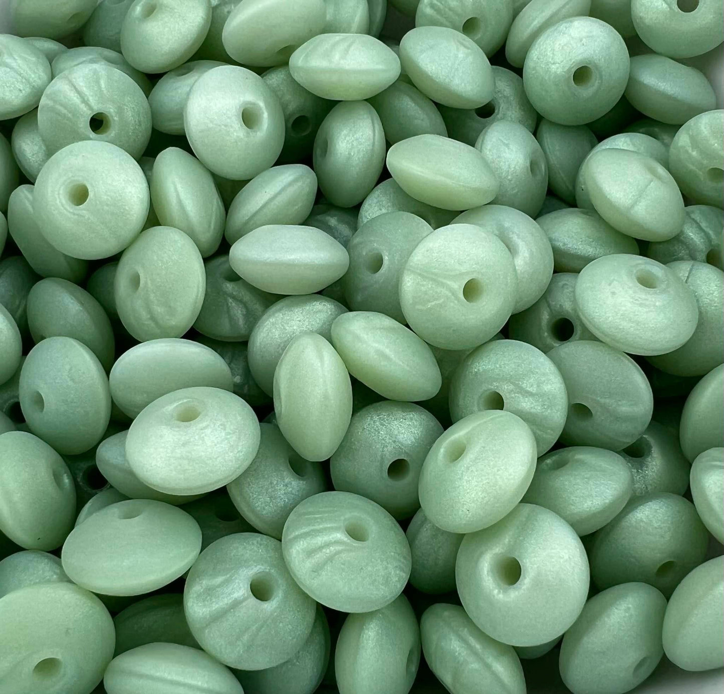 Bag of 100 12mm Pearl Sage Solid Silicone Lentil Beads