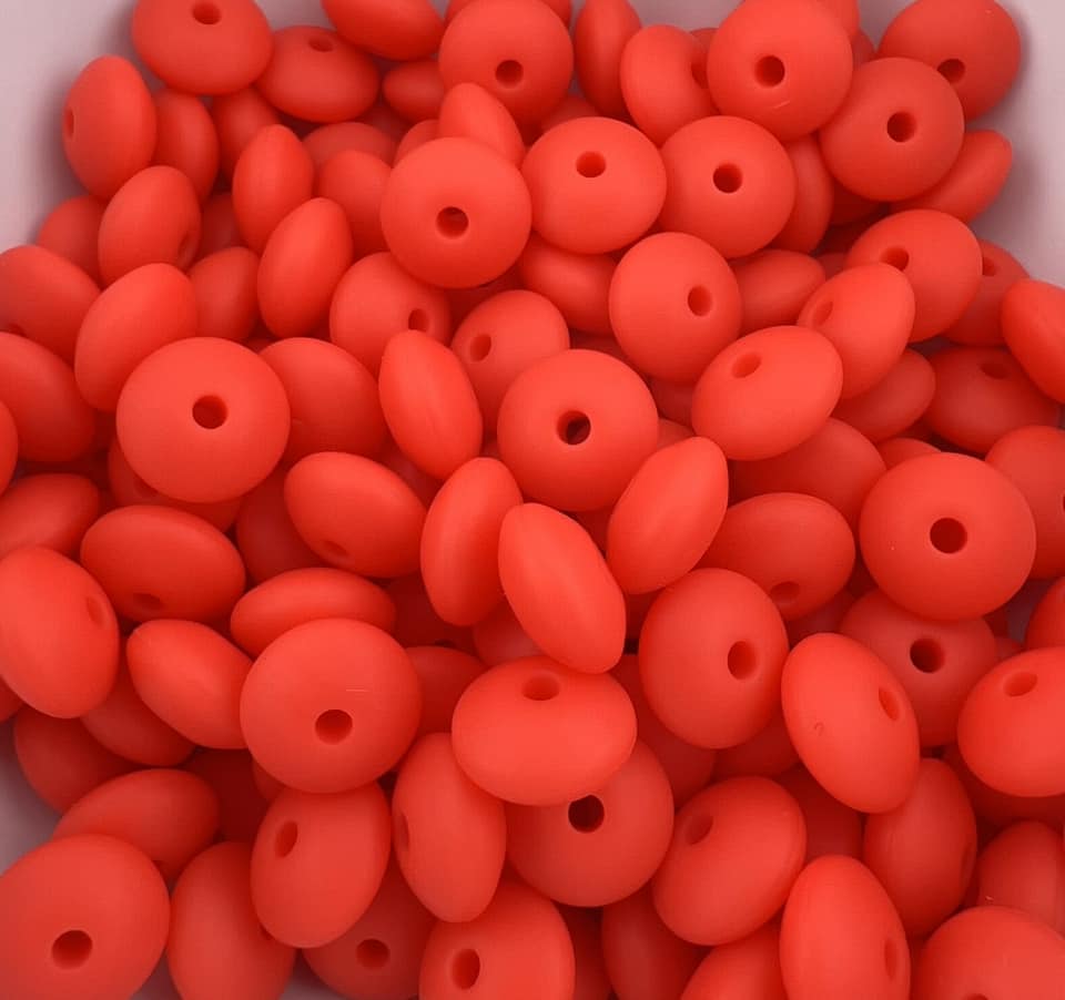 Bag of 100 12mm Bright Red Solid Silicone Lentil Beads