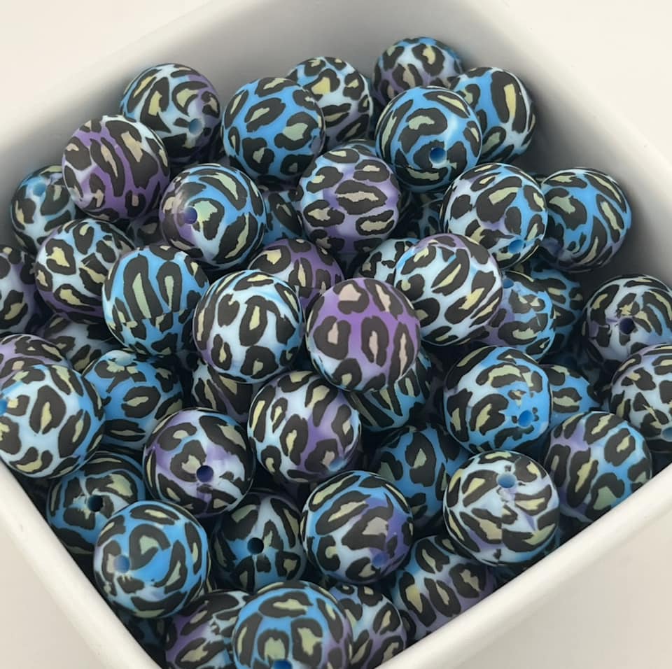 Pack of 100 15MM Leopard on Blue and Purple base beads