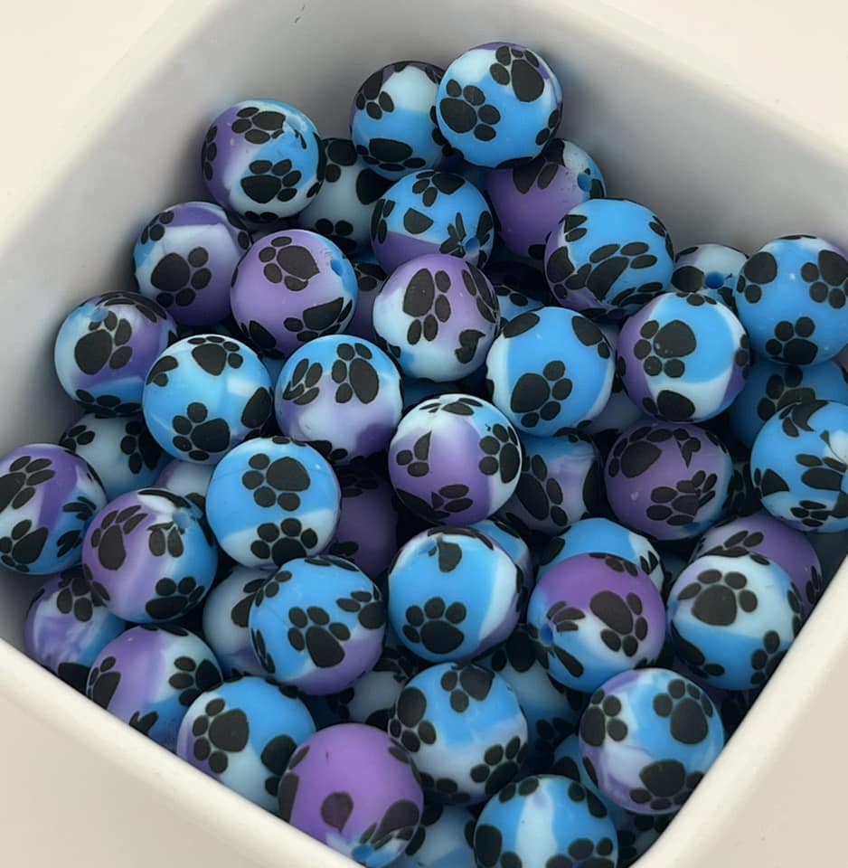 Pack of 40 15MM Blue, White, and Purple Paw Prints beads