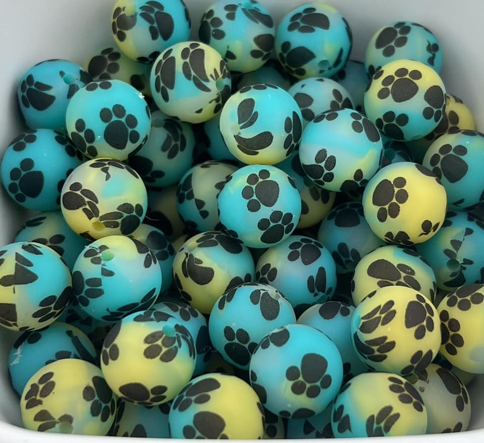Pack of 40 15MM Teal, Green, and Yellow Paw Prints beads