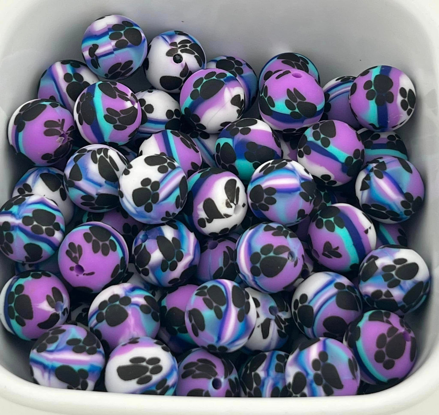 Pack of 40 15MM White, Purple, Teal, and Navy Paw Prints beads