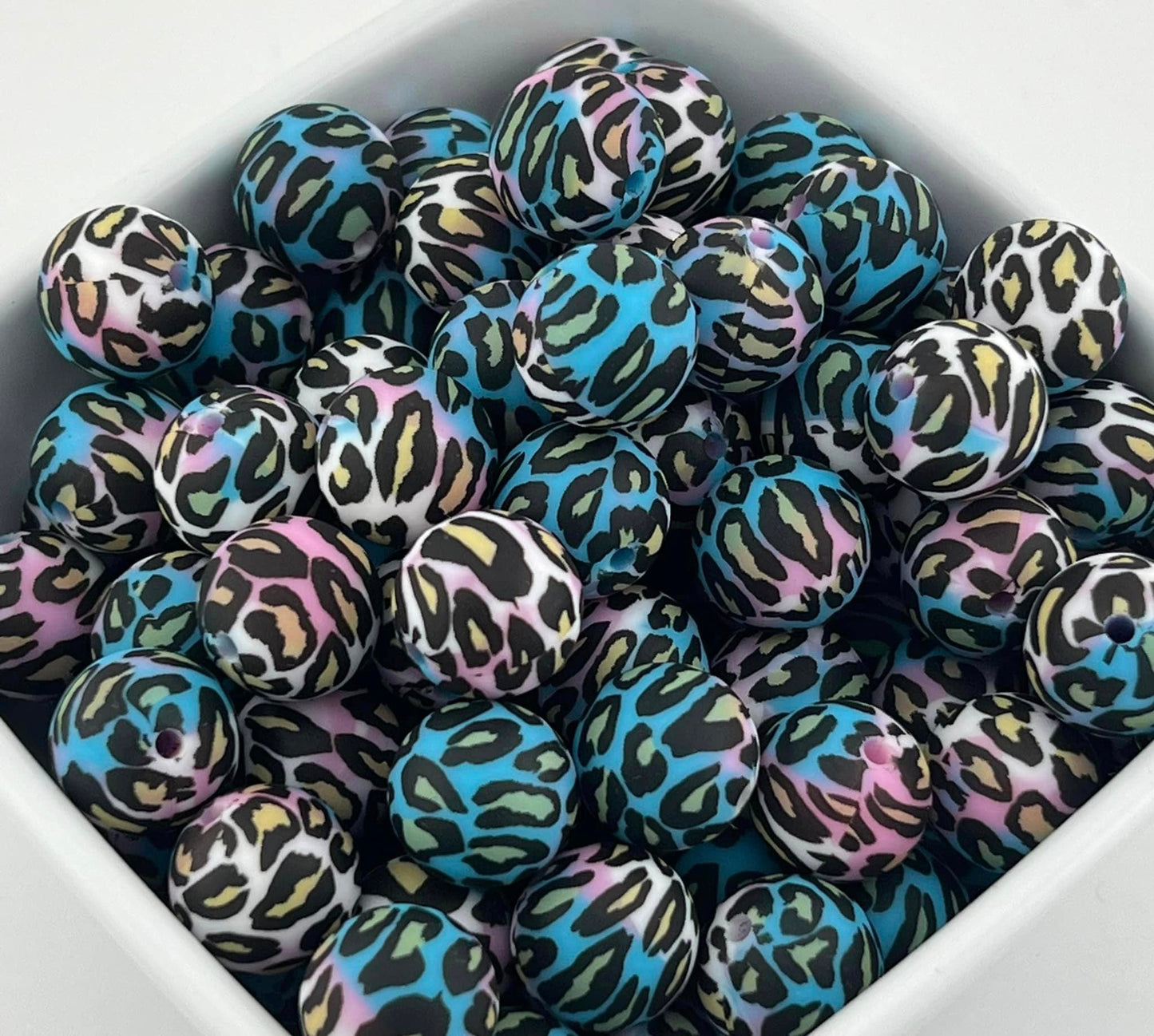 Pack of 100 15MM Leopard on Pink, White, and Blue base beads