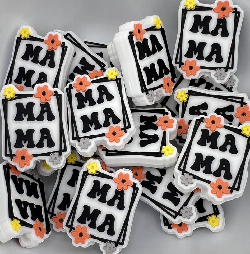 Mama on White with Orange and Yellow flowers Focal