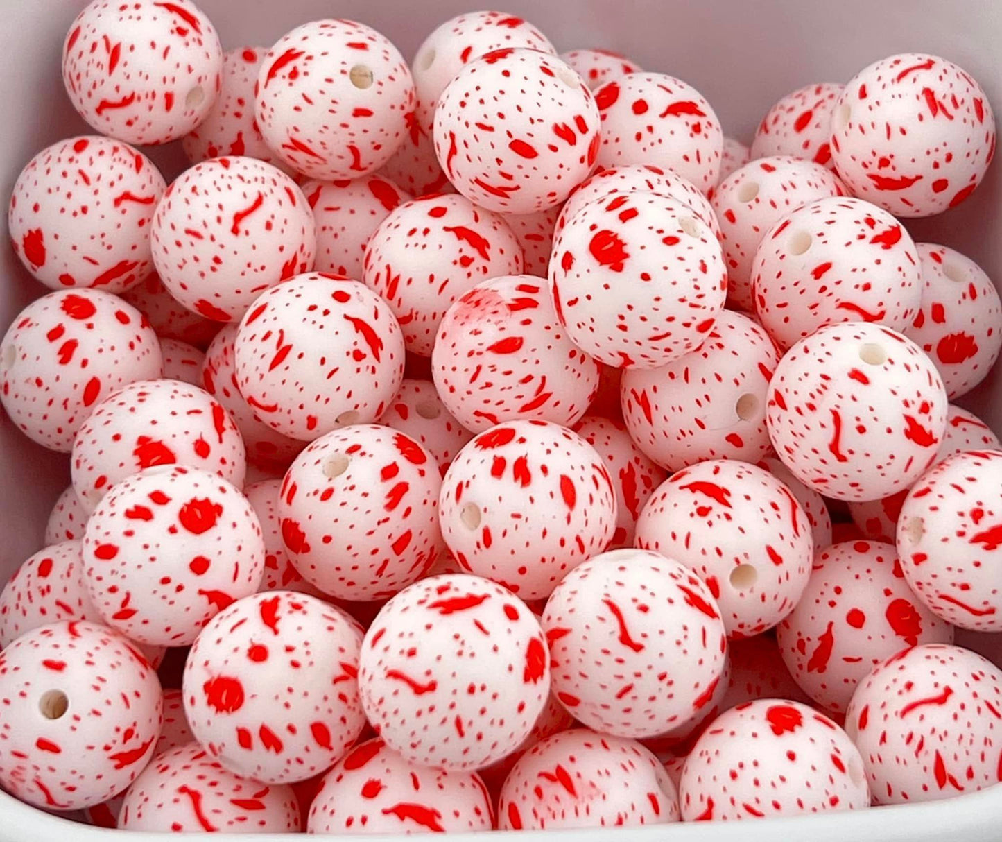 Pack of 55 15MM Red Splatter on White beads