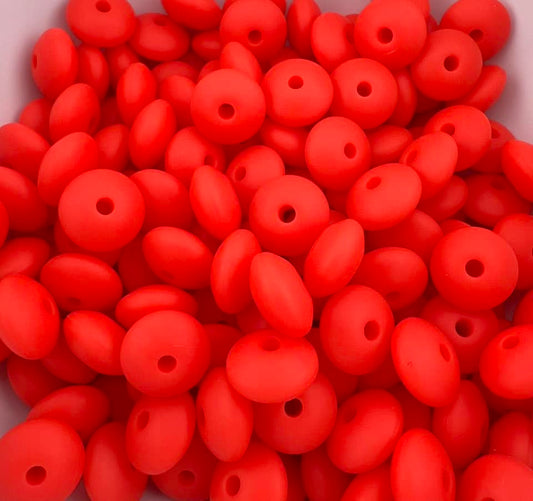 Bag of 100 12mm Bright Red Solid Silicone Lentil Beads