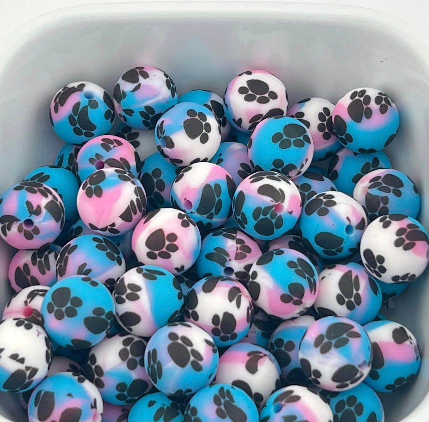 Pack of 40 15MM Pink, White, and Blue Paw Prints beads