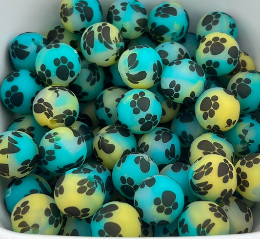 15MM Teal, Green, and Yellow Paw Prints