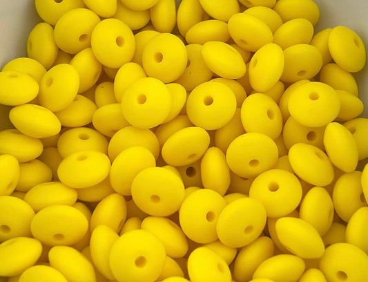 Bag of 100 12mm Bright Yellow Solid Silicone Lentil Beads