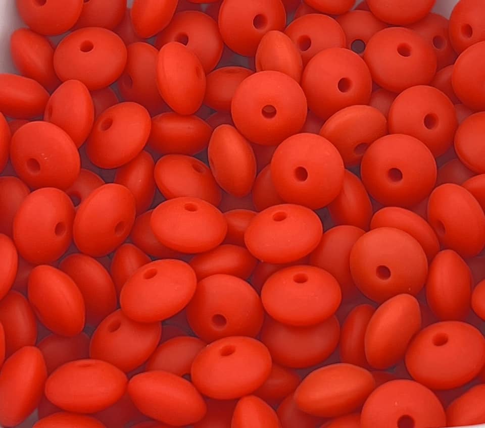Bag of 100 12mm Scarlet Red Solid Silicone Lentil Beads