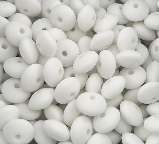 Bag of 100 12mm White Solid Silicone Lentil Beads