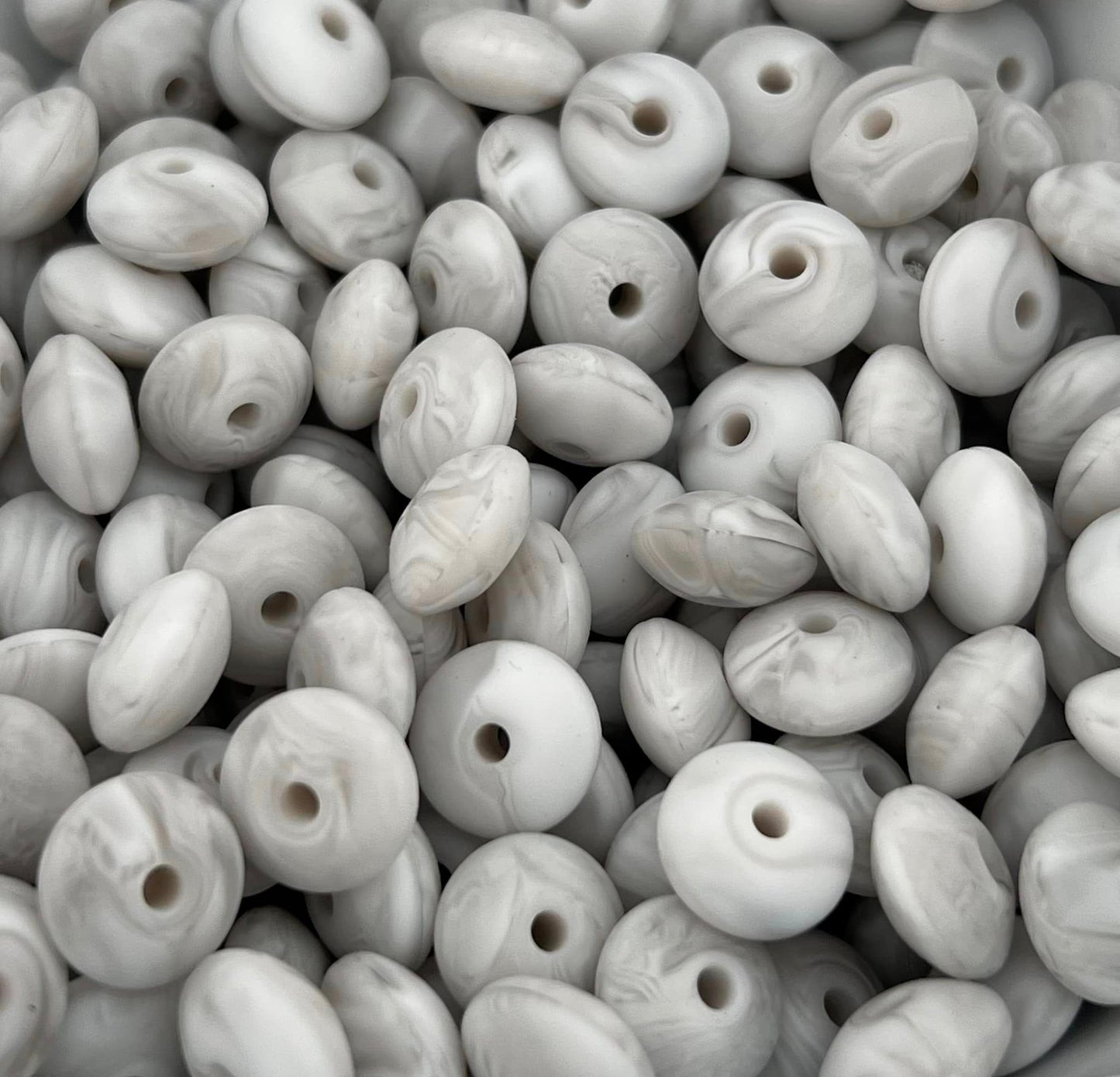 Bag of 100 12mm White Grey Marble Solid Silicone Lentil Beads