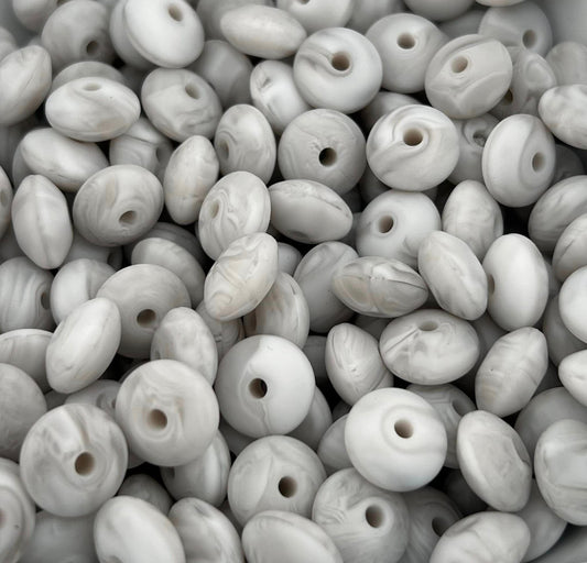 Bag of 100 12mm White Grey Marble Solid Silicone Lentil Beads