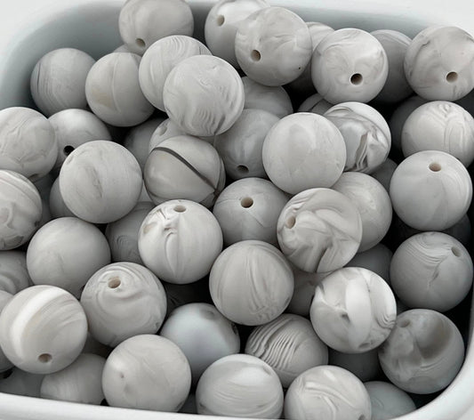 15mm White and Grey Marble Solid Silicone Bead