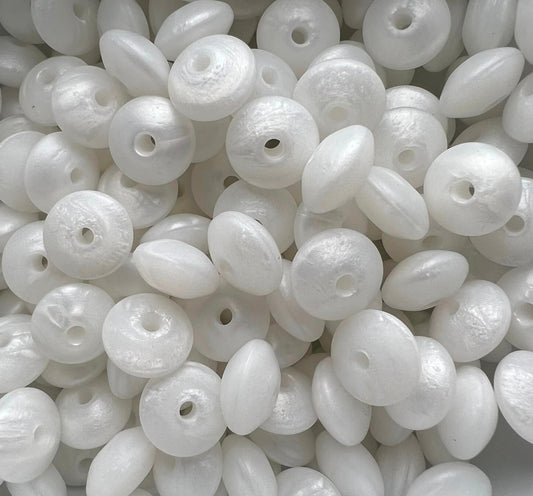 Bag of 100 12mm White Pearl Solid Silicone Lentil Beads