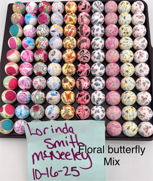 Set of 100 15mm Silicone Floral Butterfly mix Print Bead set