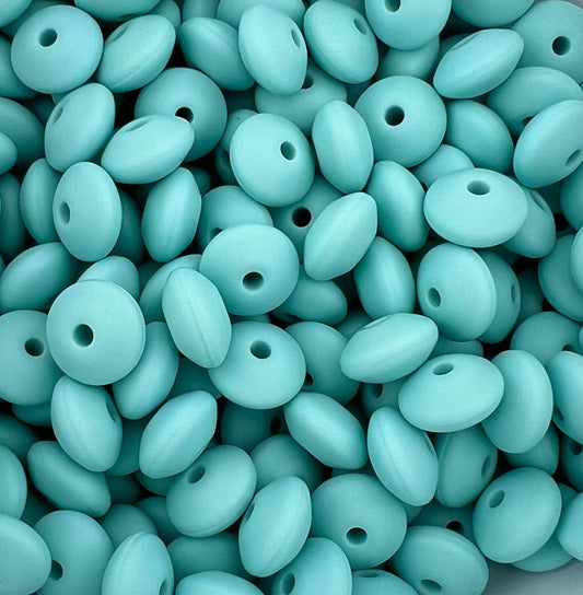 Bag of 100 12mm Aqua Solid Silicone Lentil Beads