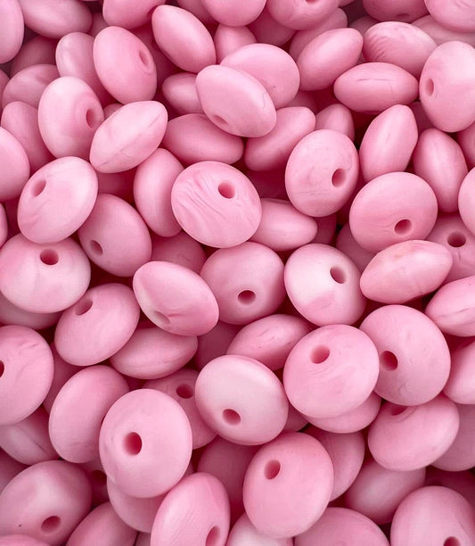 Bag of 100 12mm Marbled Pink Solid Silicone Lentil Beads