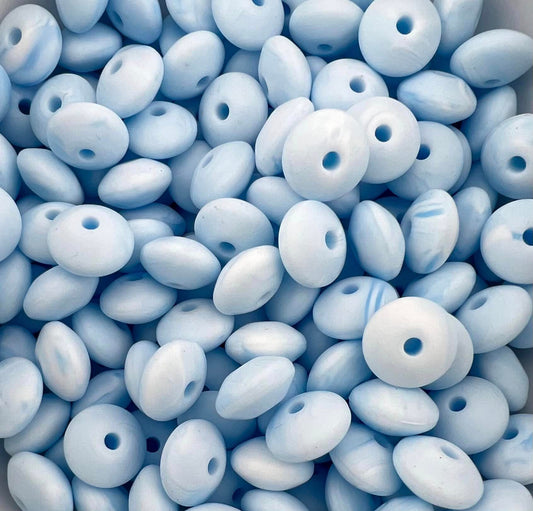 Bag of 100 12mm Marbled Blue Solid Silicone Lentil Beads