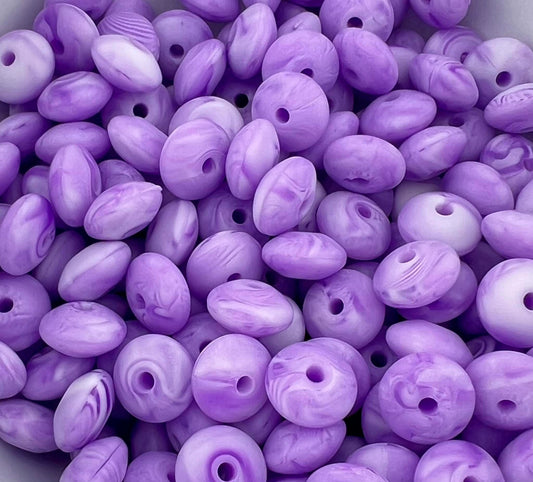 Bag of 100 12mm Marbled Purple Solid Silicone Lentil Beads