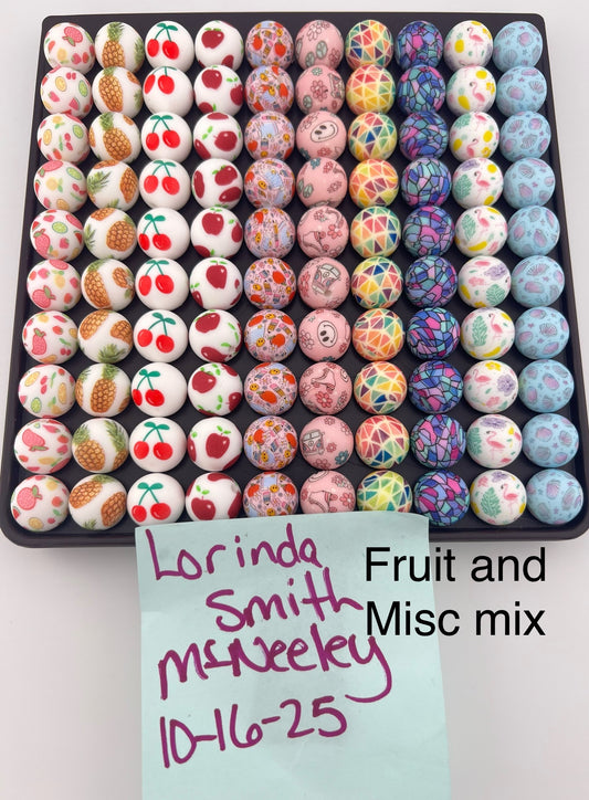 Set of 100 15mm Silicone Fruit & Misc mix Print Bead set