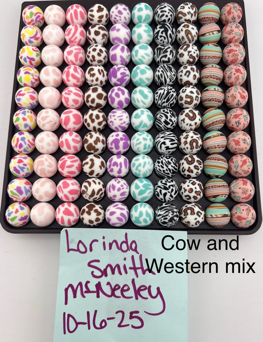 Set of 100 15mm Silicone Cow & Western Mix Print Bead set