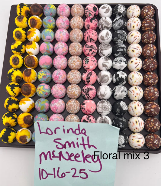 Set of 100 15mm Silicone Floral mix 3 Prints Bead set