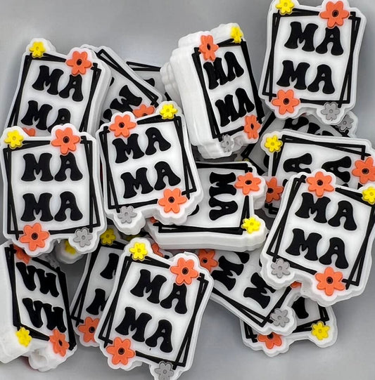 Mama on White with Orange and Yellow flowers Focal
