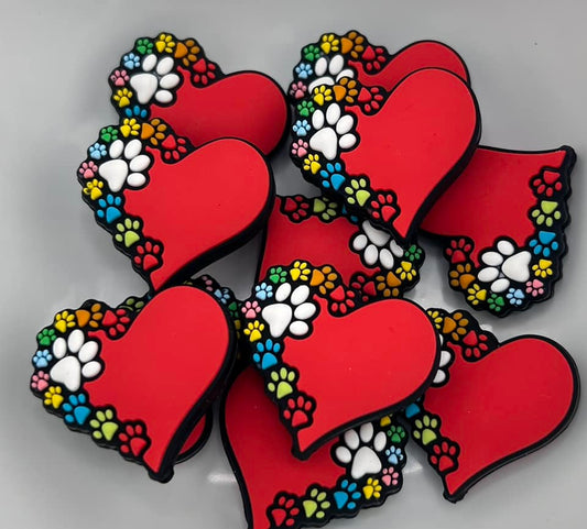 Red Heart with multi colored Paw Print focal